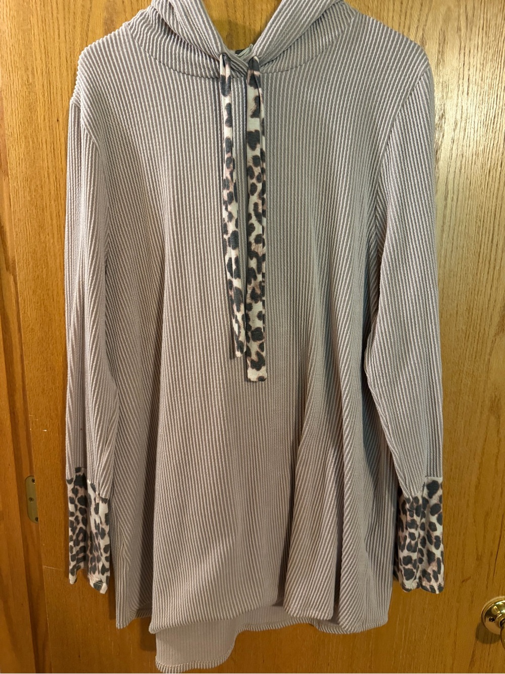 Lovely Melody Taupe Ribbed Hoodie with Leopard-Print Trim